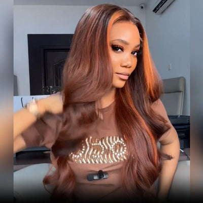 Geeta Dark Brown Highlight Body Wave HD Lace Front Wig Copper Color Face Frame Highlights Human Hair Wigs - GeetaHair