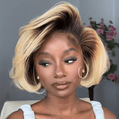 Short Bob Wigs T2/613 Custom 13x4 Lace Front Human Hair Wigs Blonde Bob Wigs With Dark Brown Roots - GeetaHair