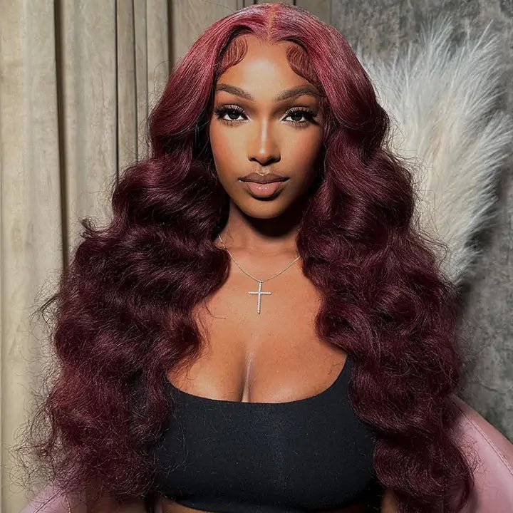 Body Wave 99J Lace Front Wig 13x4 Burgundy Colored Glueless Wigs Pre Plecked - Geeta Hair - GeetaHair