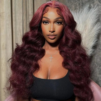 Body Wave 99J Lace Front Wig 13x4 Burgundy Colored Glueless Wigs Pre Plecked - Geeta Hair - GeetaHair