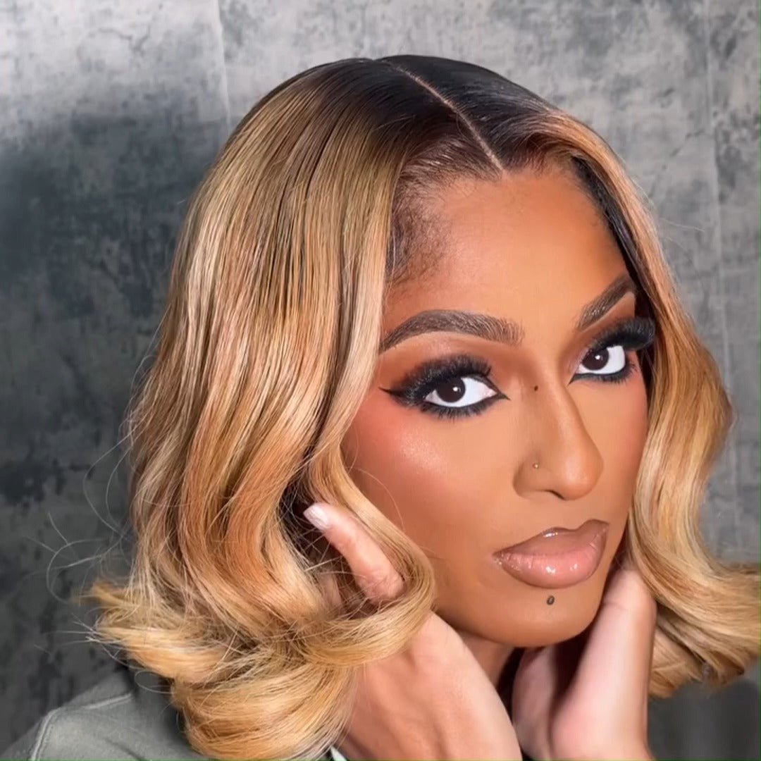 Ombre 1B/27 Glueless Wigs Natural Straight 13x4 Lace Front Human Hair Wigs Blonde Colored with Dark Roots Bob Wigs No Code Needed - GeetaHair