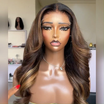 Dark Brown Highlight Wig Long Natural Wavy 13x4 Lace Front Wigs For Women Pre Plucked With Baby Hair - GeetaHair