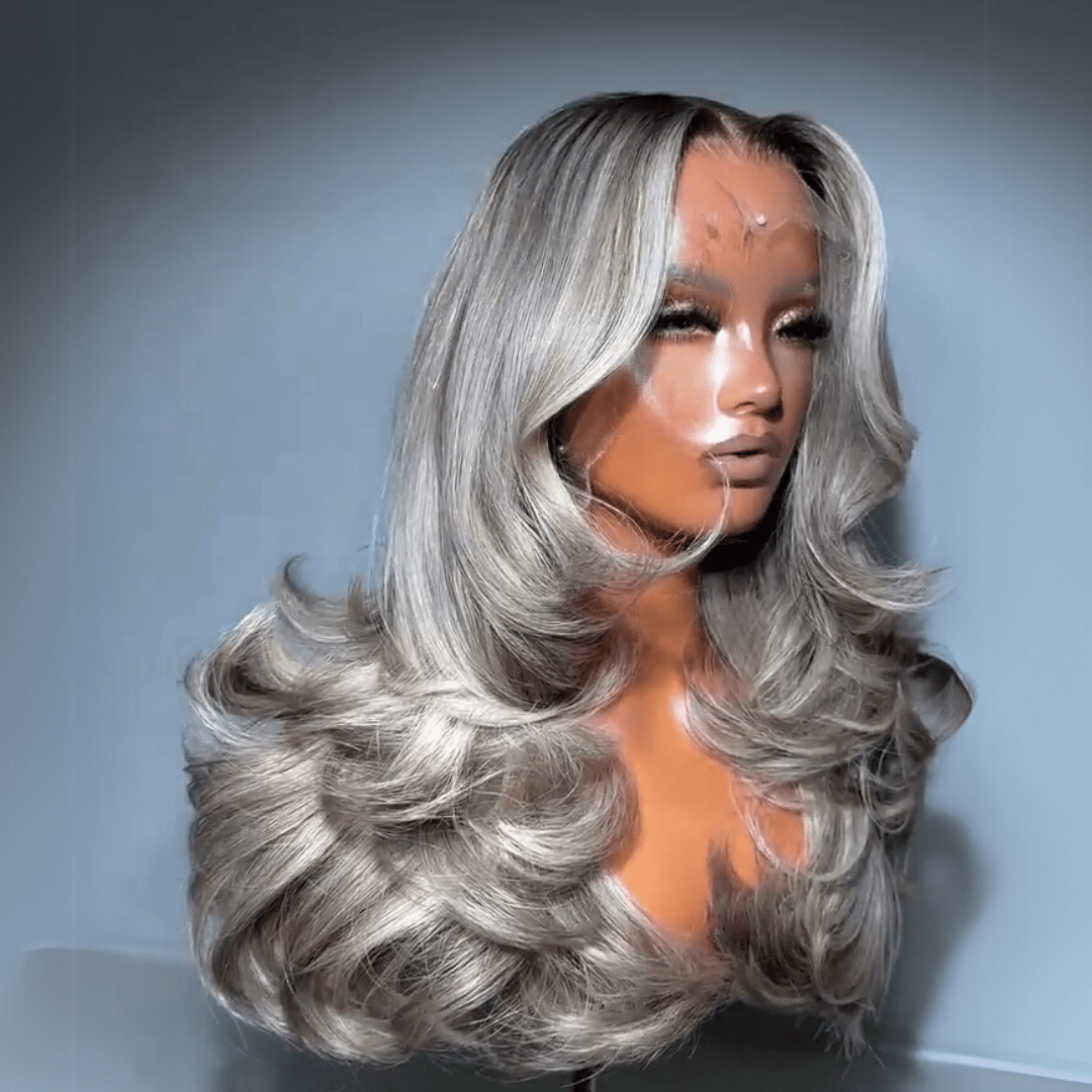 Ombre Ash Blonde With Black Roots Colored Body Wave Human Hair Wig For Women 13X4 Lace Front Wig Pre - Plucked - GeetaHair
