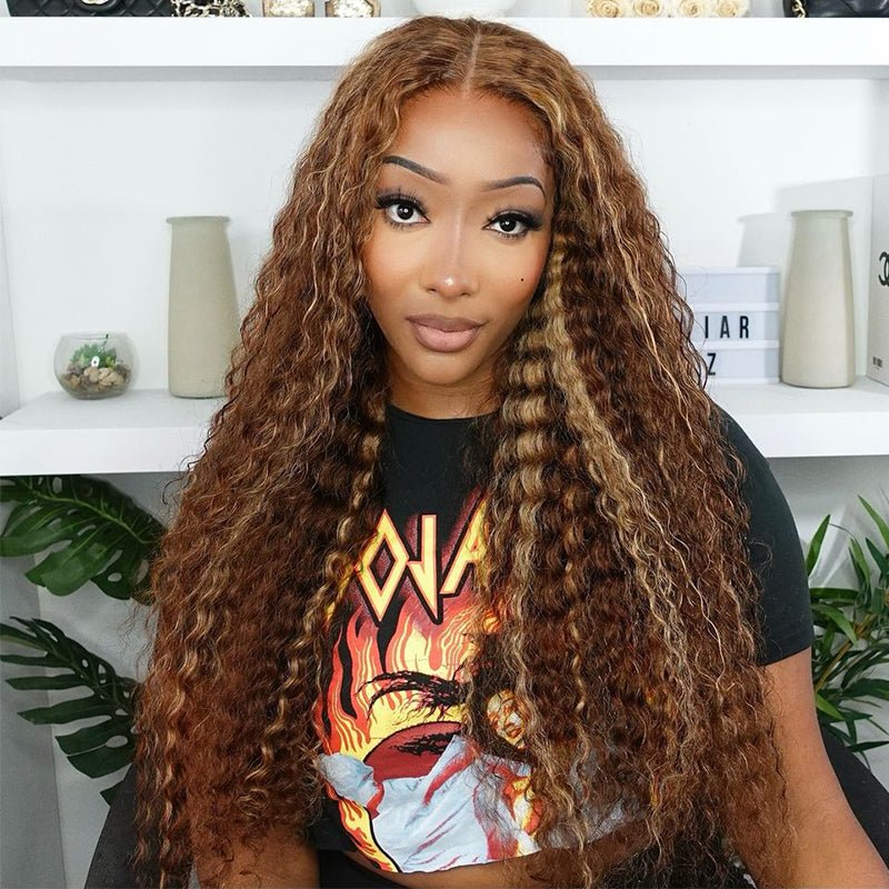 $115=18 INCH Highlight Brown Color Deep Wave 13x4 / 4x4 Lace Front Wig Subscriber Exclusive Flash Sale - GeetaHair