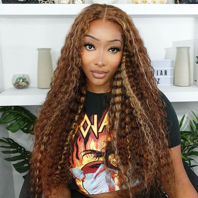 $115=18 INCH Highlight Brown Color Deep Wave 13x4 / 4x4 Lace Front Wig Subscriber Exclusive Flash Sale - GeetaHair