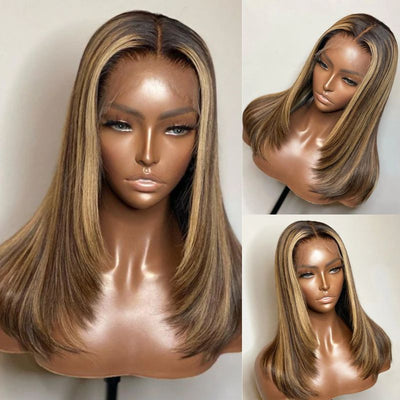 Pre Bleached Knots Straight Layered Cut 13x4 Lace Front Wig Ombre Highlight Straight Wig 180% Density - GeetaHair