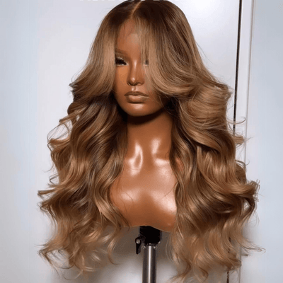 Geeta Dark Brown Curtain Bangs 13x4 Lace Front Wig Brown with Blonde Highlights Lace Front Human Hair Wigs - GeetaHair