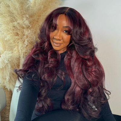 Curtain Bangs Body Wave Wig Dark Burgundy 99J Lace Front Human Hair Wigs 180% Density - GeetaHair