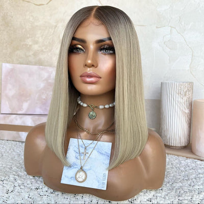 Ash Blonde Lace Front Wig 13x4 Lace Front Straight Bob Human Hair Wigs Pre Blucked 180% Density - GeetaHair