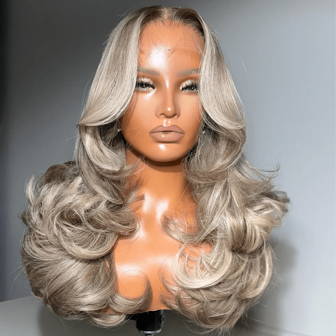 Ombre Ash Blonde With Black Roots Colored Body Wave Human Hair Wig For Women 13X4 Lace Front Wig Pre - Plucked - GeetaHair