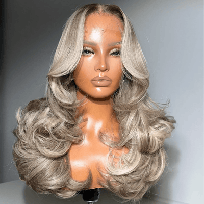 Ombre Ash Blonde With Black Roots Colored Body Wave Human Hair Wig For Women 13X4 Lace Front Wig Pre - Plucked - GeetaHair