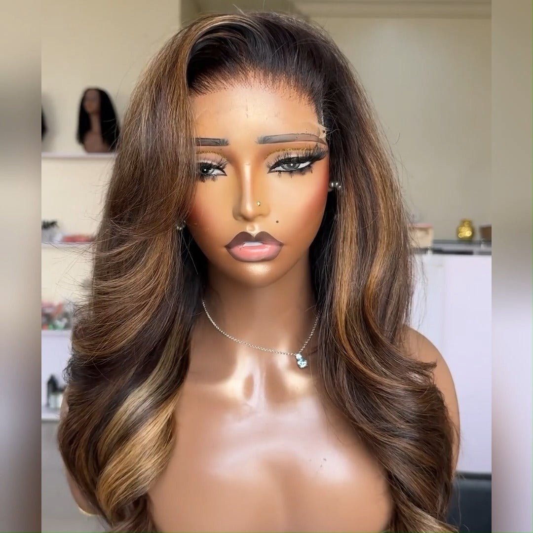 Dark Brown Highlight Wig Long Natural Wavy 13x4 Lace Front Wigs For Women Pre Plucked With Baby Hair - GeetaHair