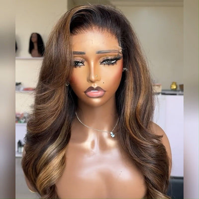 Dark Brown Highlight Wig Long Natural Wavy 13x4 Lace Front Wigs For Women Pre Plucked With Baby Hair - GeetaHair