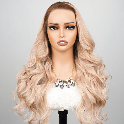 24 Hours Shipping Luxury Designer Series Light Flaxen Brow with Dark Roots Wig Body Wave 13x4 Lace Front Gluleless Wigs 180% Density - GeetaHair