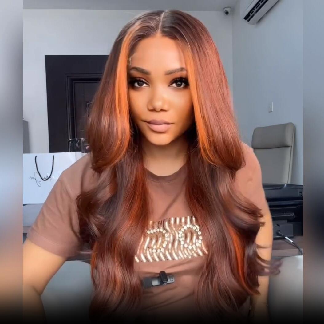 Geeta Dark Brown Highlight Body Wave HD Lace Front Wig Copper Color Face Frame Highlights Human Hair Wigs - GeetaHair