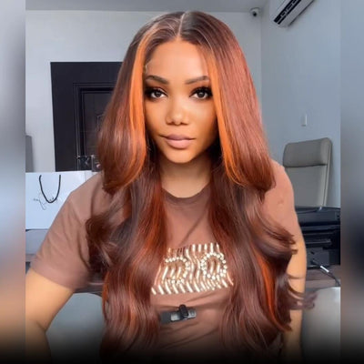 Geeta Dark Brown Highlight Body Wave HD Lace Front Wig Copper Color Face Frame Highlights Human Hair Wigs - GeetaHair
