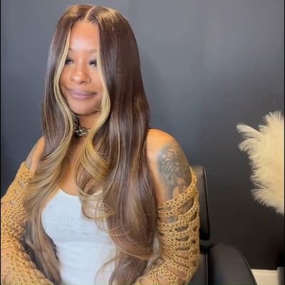 Balayage Highlight Brown Wig 13x4 Natural Straight HD Lace Front Wig Honey Blonde Glueless Wigs - GeetaHair