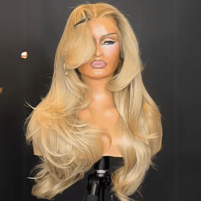 Geeta Long Wavy Bangs Golden Blonde Lace Front Wigs 13x4 Natural Wavy Glueless Wigs Pre Plucked 250% Density - GeetaHair