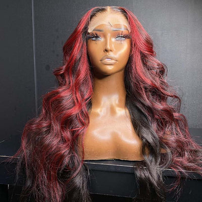 Xmas Sale Burgundy With Black Highlight Red 13x4 Lace Frontal Wig Body Wave Human Hair Wigs With Bangs Glueless Pre Plucked - GeetaHair