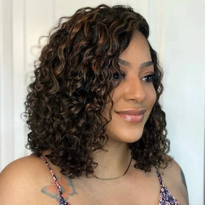 Pre Bleached Knots Highlight Curly Bob Wig Human Hair Pre Plucked C Shape Lace Wig 180% Density - GeetaHair