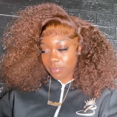 Reddish Brown Curly Human Hair Wigs 180% Density Glueless Lace Front Curly Human Hair Wigs - GeetaHair