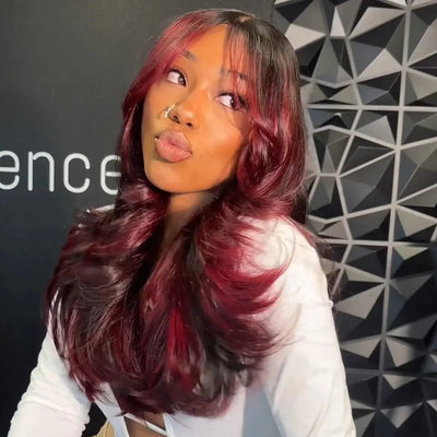 Burgundy Highlight Colored Glueless Wigs Body Wave 13x4 Transparent Lace Front Wig Pre Plucked - GeetaHair
