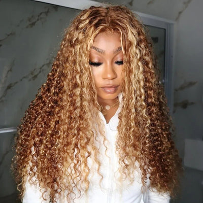 Honey Blonde Highlight Water Wave 13x4 Lace Front / 6x4 Pre Cut Lace Human Hair Lace Wig For Women - GeetaHair