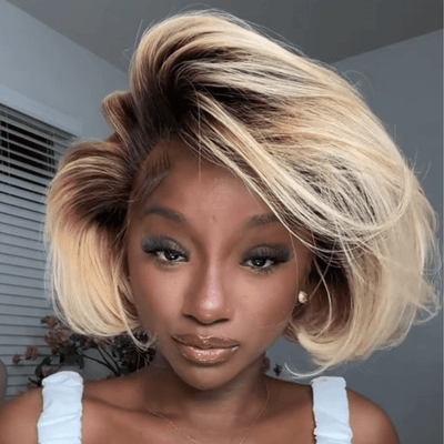Short Bob Wigs T2/613 Custom 13x4 Lace Front Human Hair Wigs Blonde Bob Wigs With Dark Brown Roots - GeetaHair