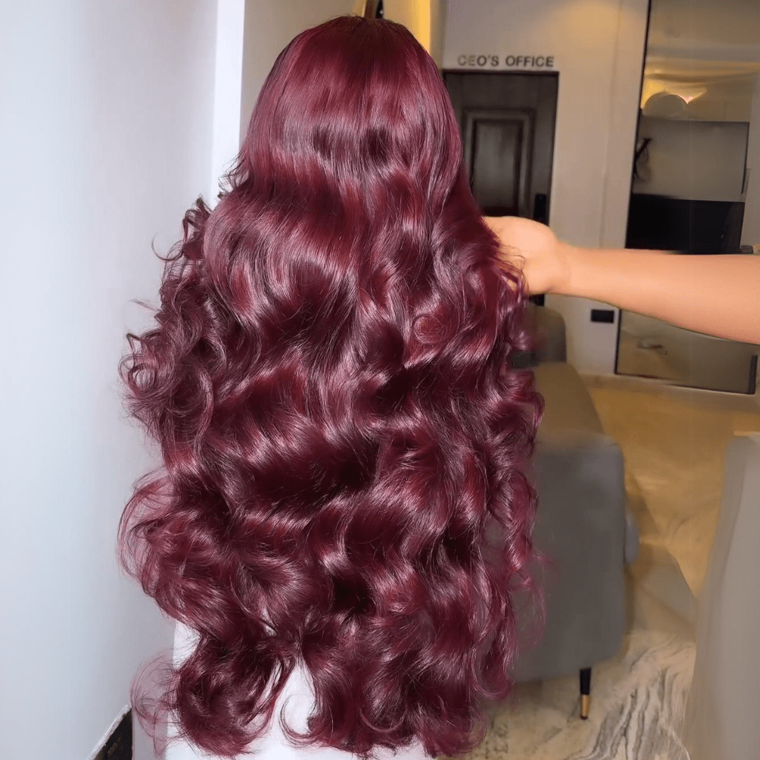 Geeta Hair 99J Burgundy Glueless Wigs 3D Body Wave 13x4 Red Colored Lace Front Wigs Pre Plecked - GeetaHair