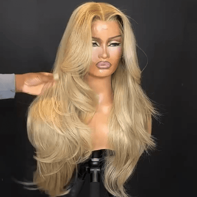 Geeta Long Wavy Bangs Golden Blonde Lace Front Wigs 13x4 Natural Wavy Glueless Wigs Pre Plucked 250% Density - GeetaHair
