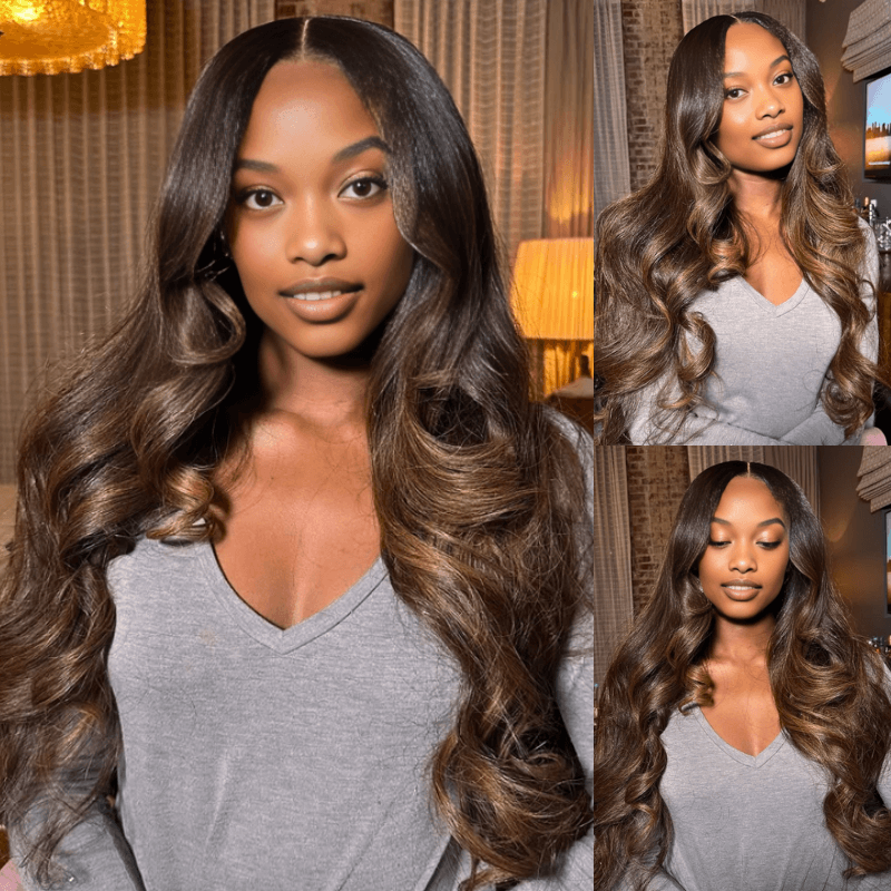 Geeta Full 300% Density Dark Brown With Highlights Loose Body Wave Wig Glueless Wigs Human Hair Pre Plucked - GeetaHair