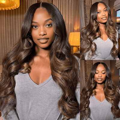 Geeta Full 300% Density Dark Brown With Highlights Loose Body Wave Wig Glueless Wigs Human Hair Pre Plucked - GeetaHair