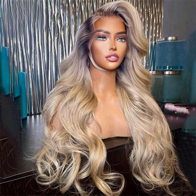 Geeta Highlight Ash Blonde Body Wave Lace Front Wig #613 Color Human Hair Wigs With Dark Roots - GeetaHair