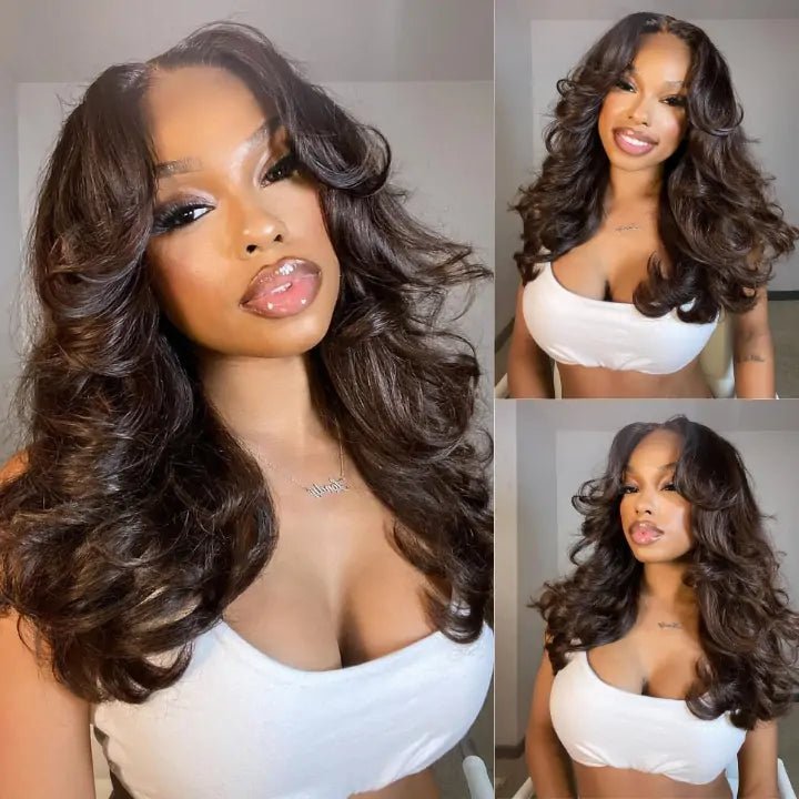 Layered Cut Human Hair Wigs Gluless Body Wave Pre Cut Lace Wigs With Curtain Bangs Long Hair - GeetaHair