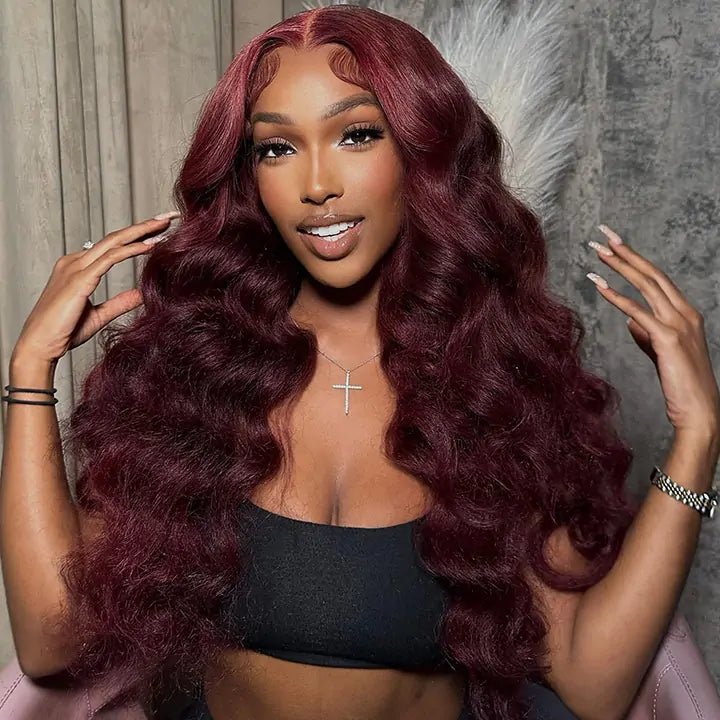 Body Wave 99J Lace Front Wig 13x4 Burgundy Colored Glueless Wigs Pre Plecked - Geeta Hair - GeetaHair
