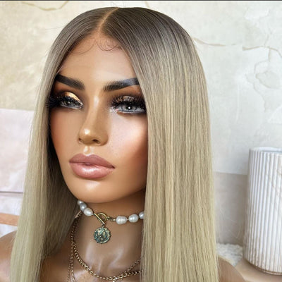 Ash Blonde Lace Front Wig 13x4 Lace Front Straight Bob Human Hair Wigs Pre Blucked 180% Density - GeetaHair