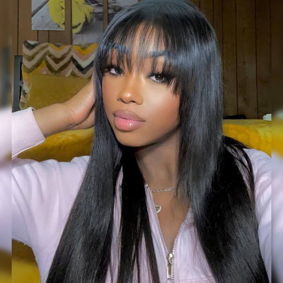 Bone Straight Human Hair Wigs with Bangs Glueless Straight 13x4 Lace Front Wig Pre Blucked - GeetaHair