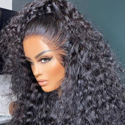 Natural Hairline 300% High Density Curly Lace Front Wig Medium Length 13x4 Water Curly HD Transparent Lace Human Hair Wigs - GeetaHair
