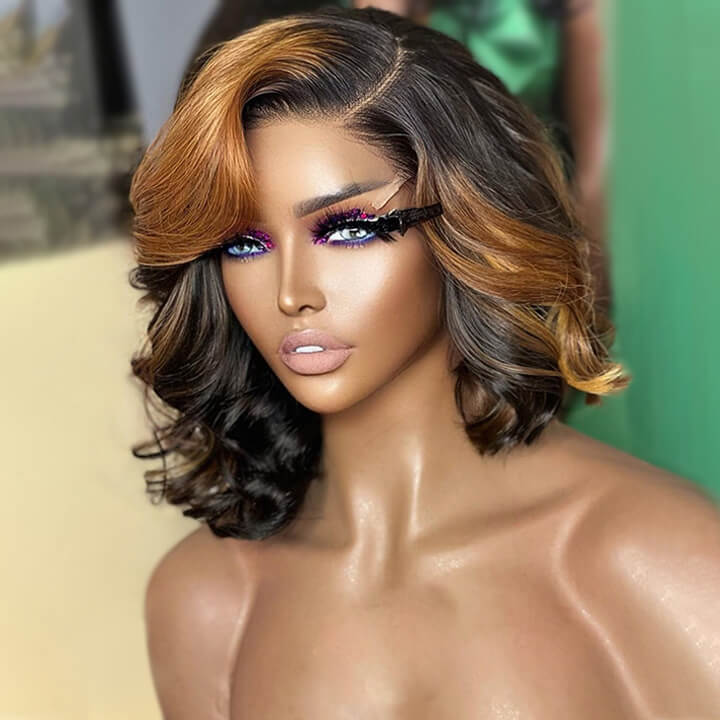 No Code Need: Brown Highlight Body Wave Transparent Lace Human Hair Bob Wigs - Geeta Hair - GeetaHair