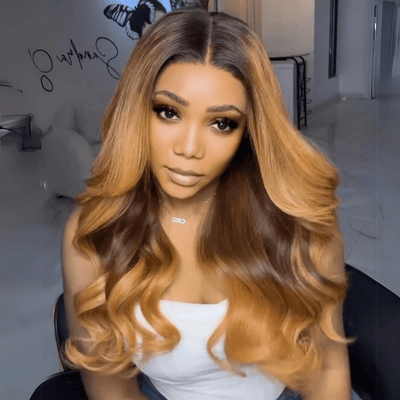 Body Wave Brown Blonde Lace Front Wigs With Black Root 13x4 HD Lace Wig 180% Density - GeetaHair