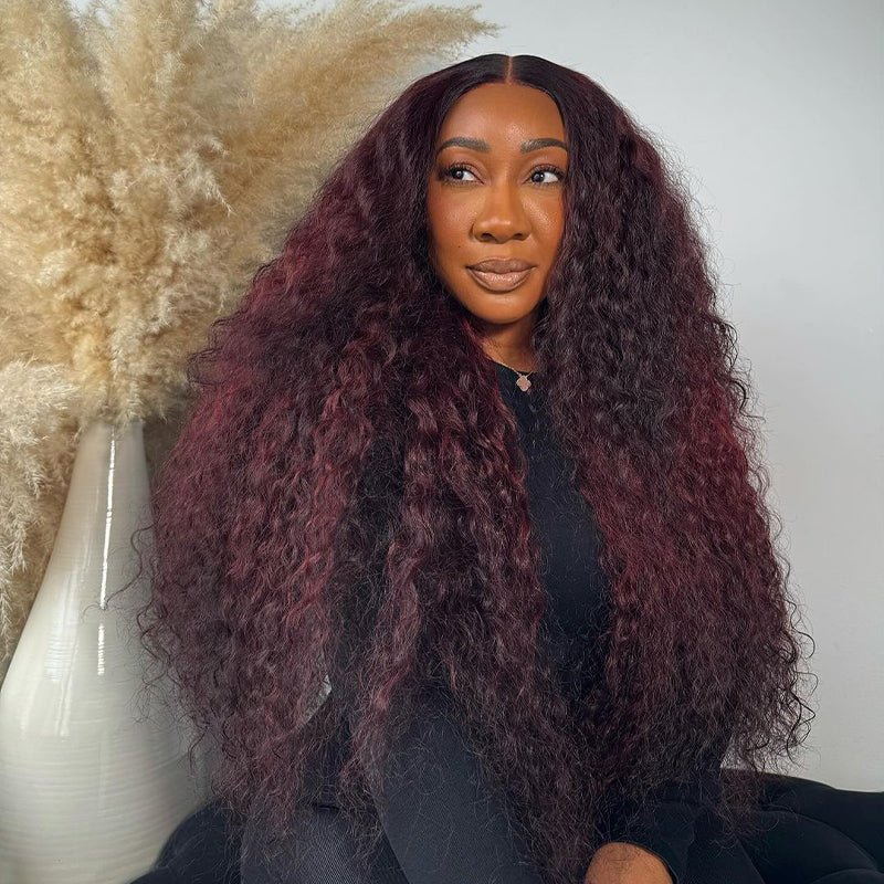 Curtain Bangs Body Wave Wig Dark Burgundy 99J Lace Front Human Hair Wigs 180% Density - GeetaHair