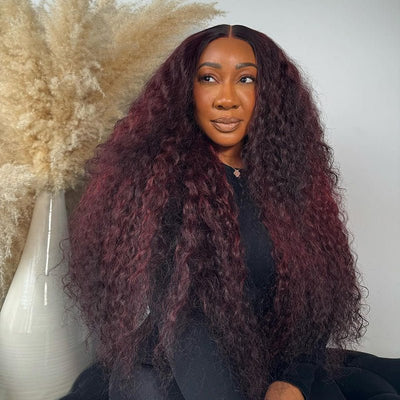Curtain Bangs Body Wave Wig Dark Burgundy 99J Lace Front Human Hair Wigs 180% Density - GeetaHair