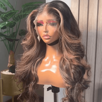 Ombre Brown Highlight 13x4 Body Wave Lace Front Human Hair Wigs Brown with Black Colored Wig Pre plucked - GeetaHair