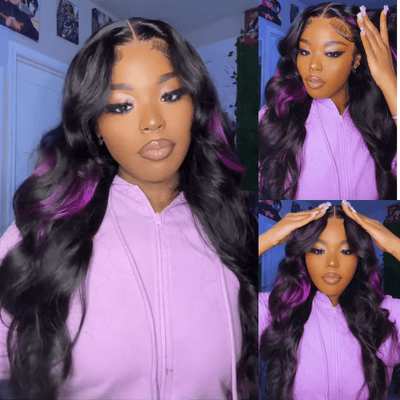 Skunk Stripe Hair Body Wave Lace Front Wig With Dark Purple Highlight HD Transparent Lace Human Hair Wigs - GeetaHair