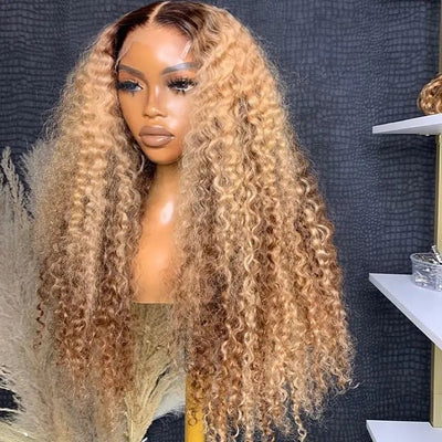 Geeta Honey Blonde Highlight Curly 13x4 Lace Front Human Hair Wigs Colored Glueless Wigs - GeetaHair