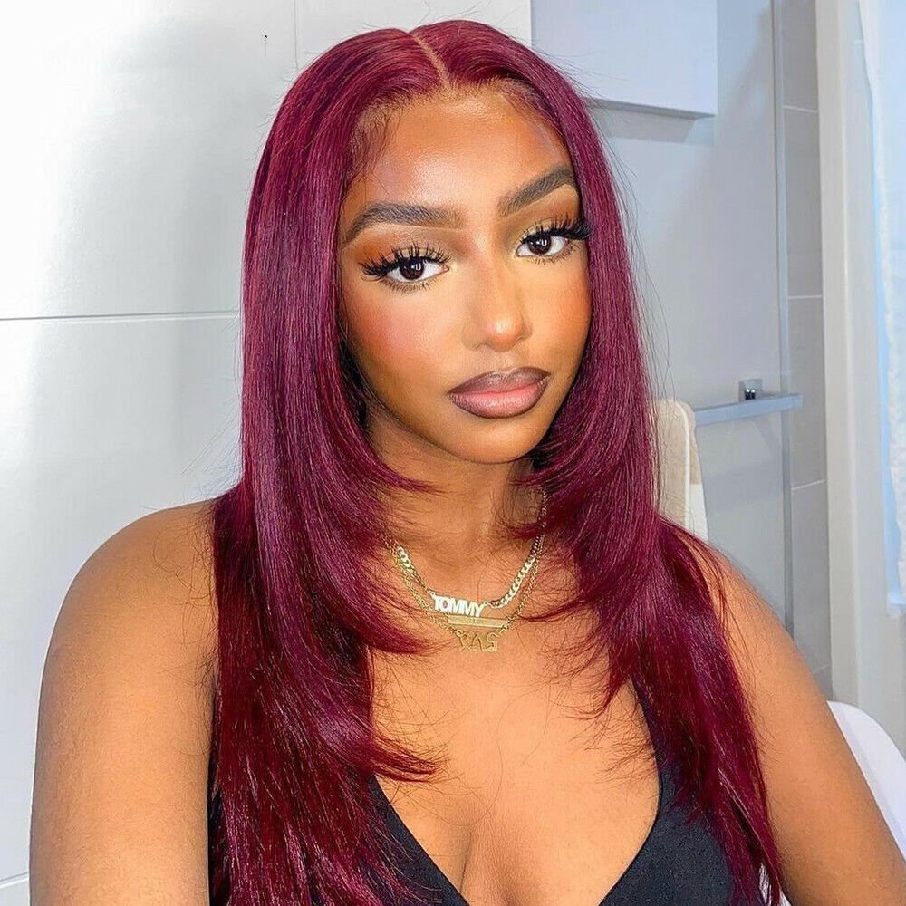 Layered Cut Lace Front Wig 99J Color Straight 13x4 Lace Frontal Wigs 180% Density - Geeta Hair - GeetaHair
