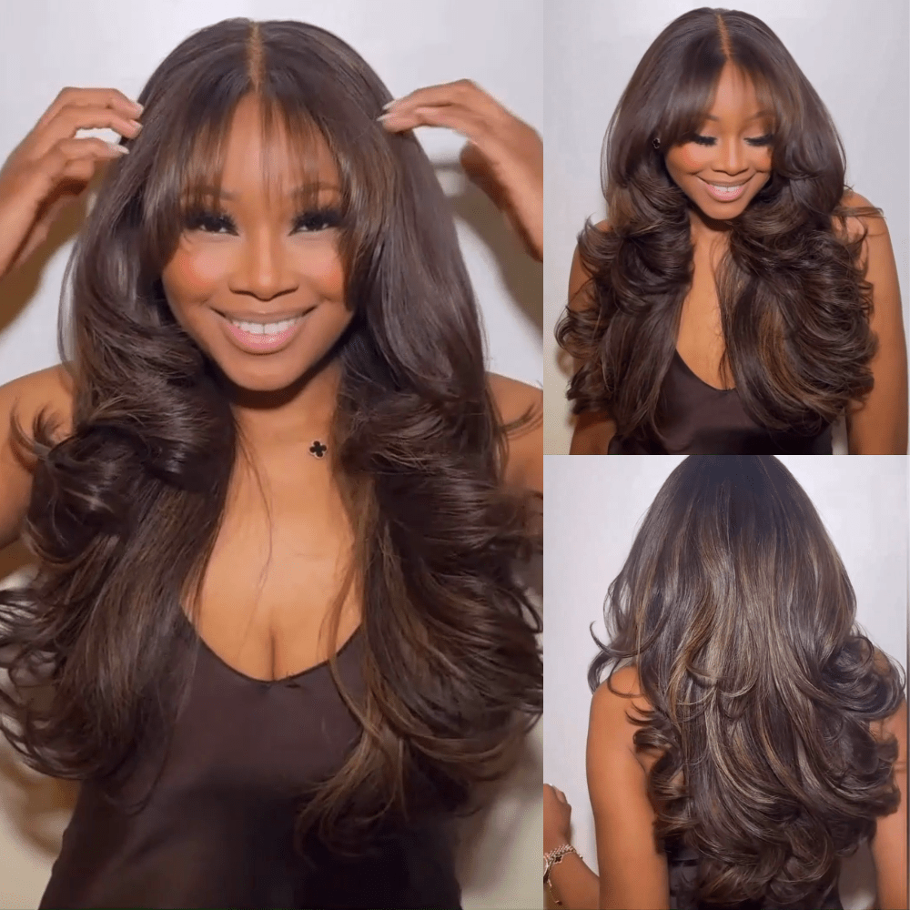 Full 300% Density Highlights Brown Loose Body Wave Wig With Bangs Glueless Wigs Human Hair - GeetaHair