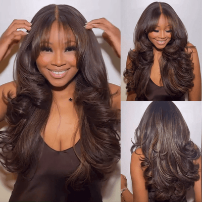 Full 300% Density Highlights Brown Loose Body Wave Wig With Bangs Glueless Wigs Human Hair - GeetaHair