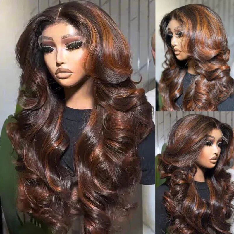 Highlights Brown Color 13x4 Lace Front Human Hair Wigs Ombre Body Wave Pre plucked Wigs - GeetaHair