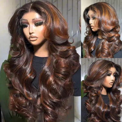 Highlights Brown Color 13x4 Lace Front Human Hair Wigs Ombre Body Wave Pre plucked Wigs - GeetaHair